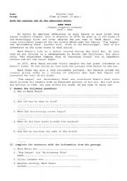 English Worksheet: Reading passage  about  Mark Twain