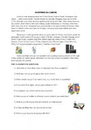 English Worksheet: SHOPPING IN LONDON, A reading text with comprehension questions and vocabulary fill in the blanks part. 