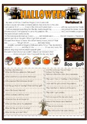 English Worksheet: Halloween  Reading ( focus on past simple tense) including worksheets A and B