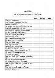 English Worksheet: Bet Game - Simple Present and Present Continuous