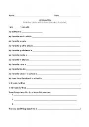 English worksheet: All About Me Intro Survey