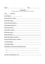 English Worksheet: All About Me Intro Survey