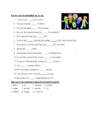 English worksheet: Preposition exercise ( Fill in the blank and make sentences)