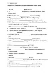 English Worksheet: Future tenses - will, going to, present continuous or present simple?