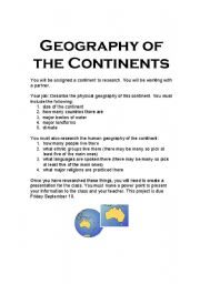 English worksheet: Geography Of the Continents Project