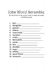 English Worksheets Jobs Word Scramble With Answer Key