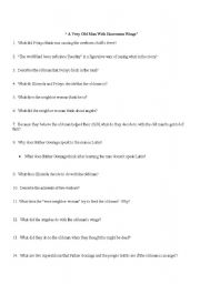 English Worksheets A Very Old Man With Enormous Wings Reading Questions