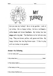 Christmas or thanks giving turkey reading comprehension