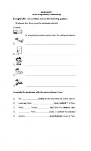 English worksheet: Past Continuous/Progressive