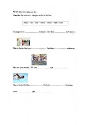 English worksheet: verbs after Like, hate and love