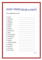 English Worksheet: FOOD:VEGETABLES & FRUIT