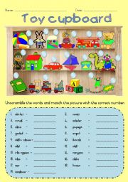 English Worksheet: Toy cupboard - Matching / Unscrambling words 