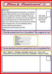 English Worksheet: Dons postcard  ( Reading and writing a simple postcard)