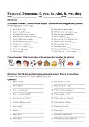 English Worksheet: Personal Pronouns: I, you, he, she, it, we, they. Simple Present