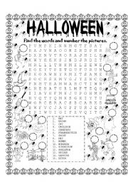 English Worksheet: HALLOWEEN (FIND THE WORDS  AND NUMBER THE PICTURES)