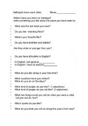 English Worksheet:  Getting to know- Resources for the first day