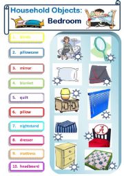 English Worksheet: Household Objects--Bedroom (Matching) Color and B&W Versions & Key Included