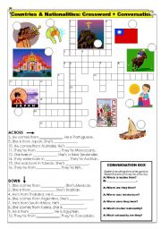 English Worksheet: Countries & Nationalities - Crossword with Conversation