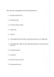 English Worksheet: Skim and Scan your reading material to find the following information