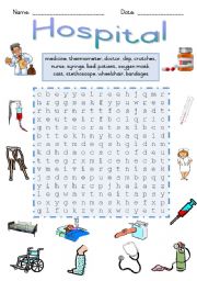 English Worksheet: Hospital Wordsearch