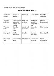 English Worksheet: Find someone bingo (Ice Breaker)