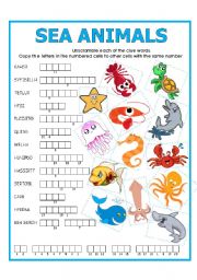 English Worksheet: DOUBLE PUZZLE (SEA ANIMALS)