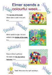 English Worksheet: Elmer spends a colourful week (1)