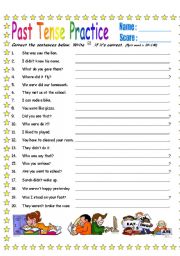 English Worksheet: Past Tense Sentence Corrections (B&W version & Key)