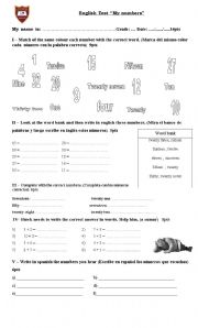 English Worksheet: my numbers test