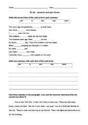 English worksheet: Worksheet on the verb to be simple past and present tense