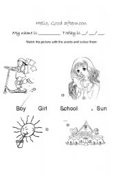English worksheet: boy-girl-sun-school