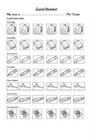 English Worksheet: Count and color the school objects...