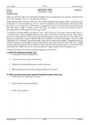 English worksheet: reading comprehension about personal experience