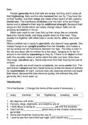 English Worksheet: Bats  reading comprehension and writing