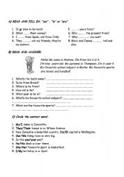 English worksheet: verb to be, possesive adj, can/cant, have got/ has got