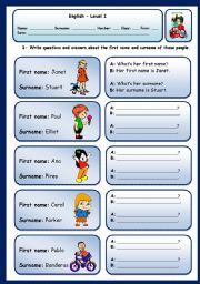 English Worksheet: NAMES AND SURNAMES