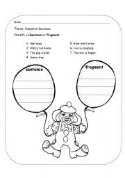 English Worksheet: sentence fragment clown