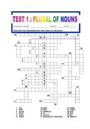 English Worksheet: TEST 1: PLURAL OF NOUNS CROSSWORD