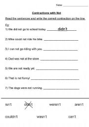 English Worksheet: Contractions with Not