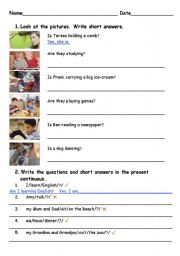 English Worksheet: The Present Continuous/ questions and short answers