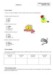 English worksheet: Listening / Speaking Worksheet about Favorites (Teachers Copy)