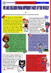 English Worksheet: We are children from different parts of the World! (5 pages + Answer Key)