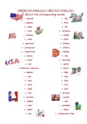 English Worksheet: AMERICAN ENGLISH / BRITISH ENGLISH