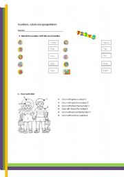 English Worksheet: Numbers, colors, shapes and preposition 