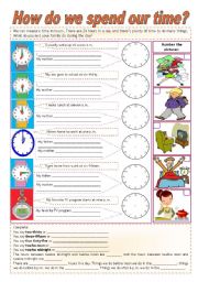 English Worksheet: How do we spend our time? - hours - week - months - seasons - pres. simple - adv. frequency ((3 pages)) ***fully editable