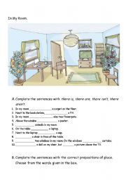 English Worksheet: In My Room - Prepositions of place and there is/ are revision