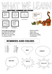 English Worksheet: greeting, numbers, colors