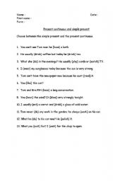 English worksheet: simple present - present continuous test