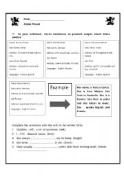 English Worksheet: Simple Present; Verbs to be, live, play, listen, play