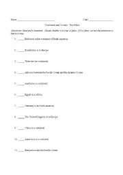 English Worksheet: Continents and Oceans True/False